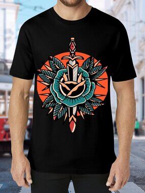 Black Short Sleeve Graphic Tee with Orange & Teal Dagger Rose